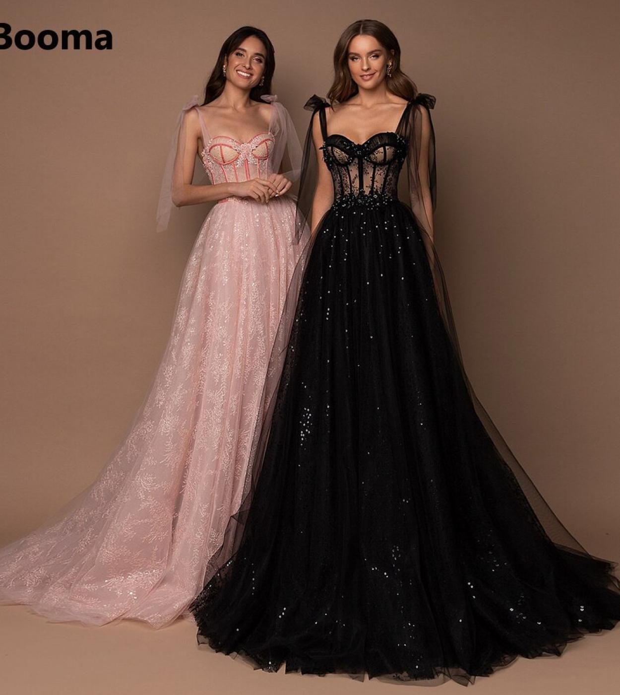 Booma Black Sweetheart Tulle Maxi Prom Dresses Tied Straps Sequined Lace Appliques Aline Party Dresses Backless Prom Gow