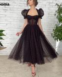 Booma Red Hearts Black Tulle Midi Prom Dresses Queen Anne Short Puff Sleeves Tealength Formal Prom Gowns Evening Party G