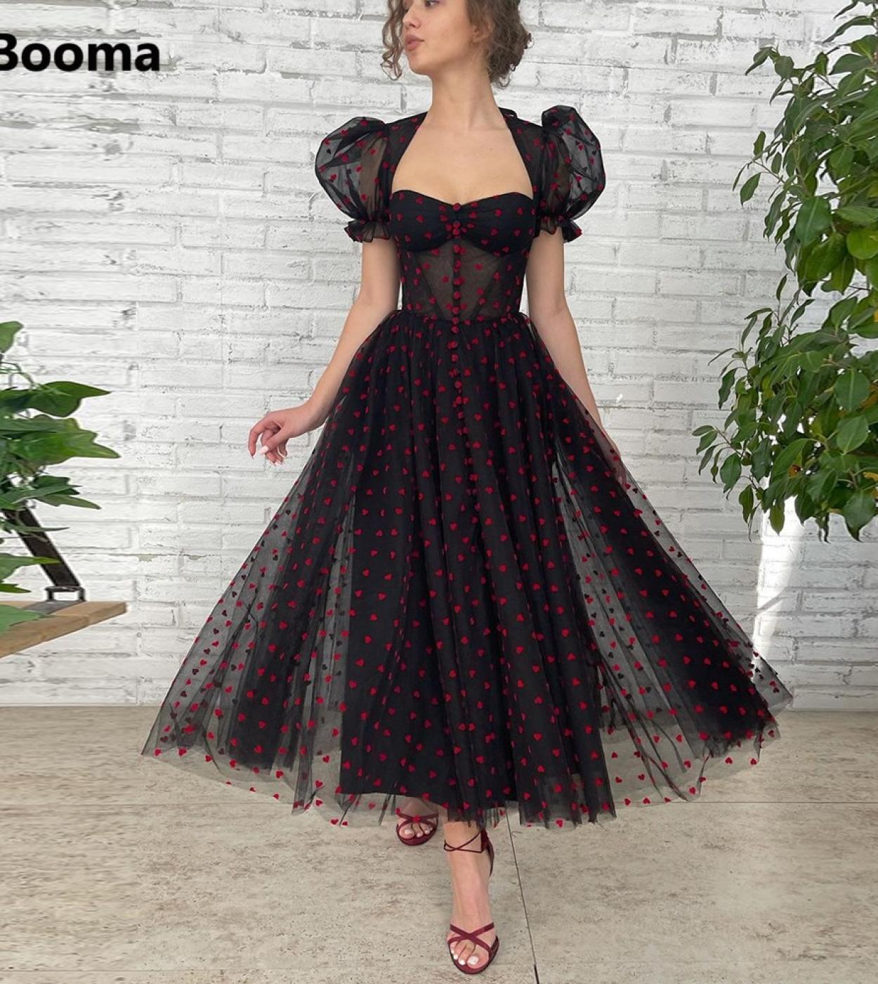 Booma Red Hearts Black Tulle Midi Prom Dresses Queen Anne Short Puff Sleeves Tealength Formal Prom Gowns Evening Party G