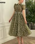 Booma Vintage Green Daisy Tulle Prom Dresses Short Sleeves Buttoned Midi Prom Gowns Ribbons Tea Length Wedding Party Dre