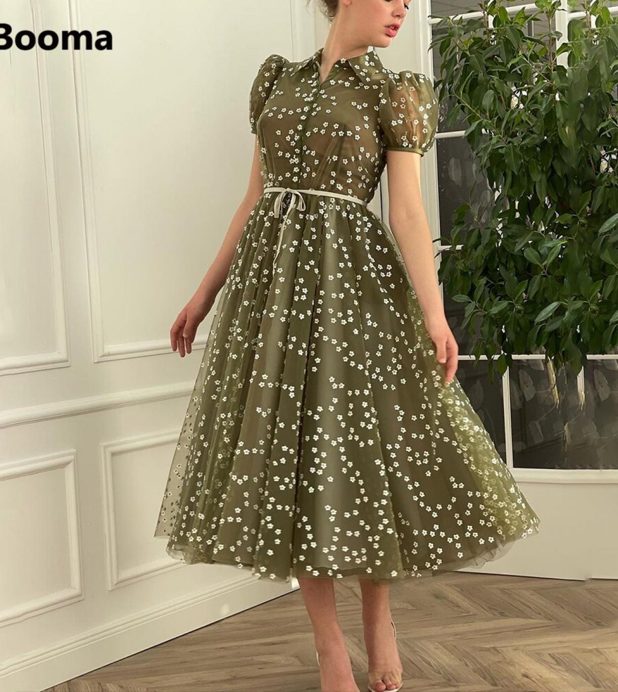 Booma Vintage Green Daisy Tulle Prom Dresses Short Sleeves Buttoned Midi Prom Gowns Ribbons Tea Length Wedding Party Dre