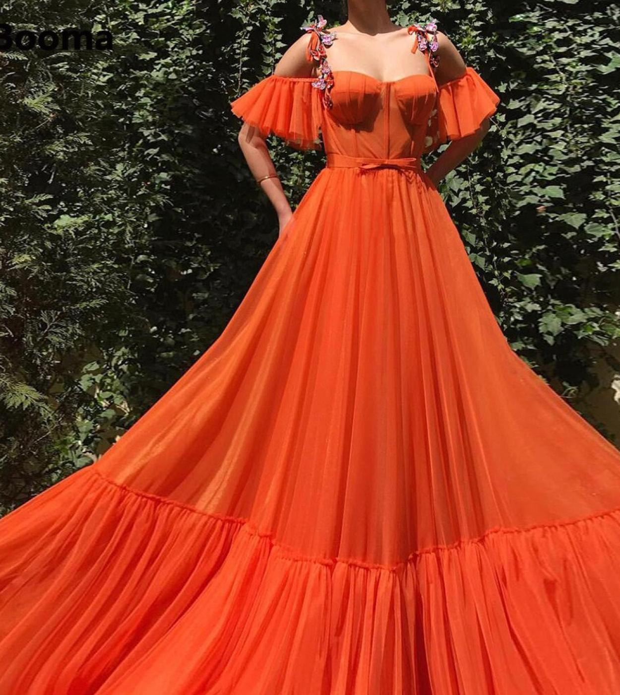 Booma Orange Tulle A Line Maxi Prom Dresses Spaghetti Straps Off The Shoulder Butterfly Long Evening Gowns Formal Party 