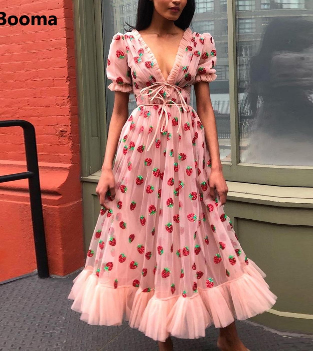 Booma Pink Strawberry Midi Prom Dresses V Neck Short Sleeves A Line Wedding Party Dresses Tea Length Glitter Tulle Prom 