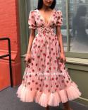 Booma Pink Strawberry Midi Prom Dresses V Neck Short Sleeves A Line Wedding Party Dresses Tea Length Glitter Tulle Prom 