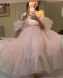 Booma Dreamy Peach Puff Sleeves Prom Dresses Off The Shoulder Organza Short Prom Gowns Babydoll Tea Length A Line Party 