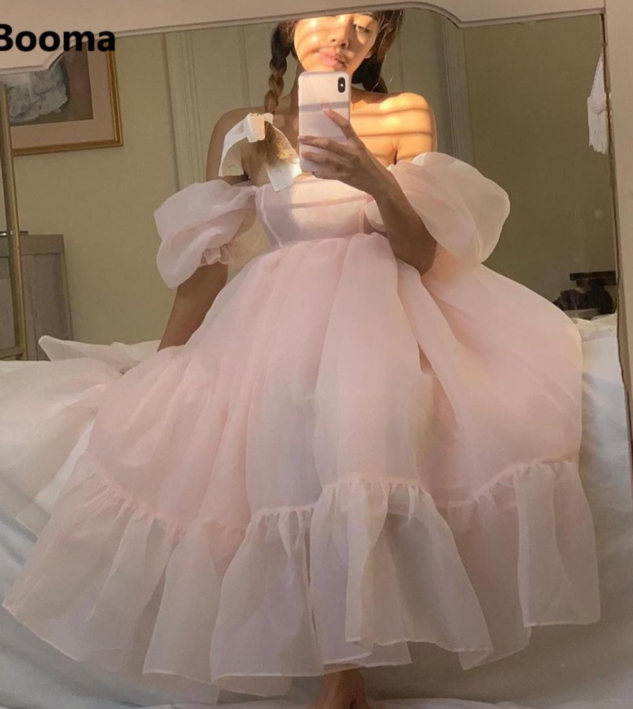 Booma Dreamy Peach Puff Sleeves Prom Dresses Off The Shoulder Organza Short Prom Gowns Babydoll Tea Length A Line Party 