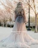Booma Gray Pearls Tulle Maternity Dresses Long Sleeves See Through Tiered Party Gowns Photoshoot Baby Shower Robe Plus S