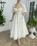 Booma Daisy Lattice Tulle Prom Dresses Sweetheart Half Sleeves Tealength Aline Wedding Party Dress Open Back Midi Formal