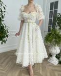 Booma Daisy Lattice Tulle Prom Dresses Sweetheart Half Sleeves Tealength Aline Wedding Party Dress Open Back Midi Formal