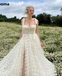 Booma Ivory Daisy Tulle Maxi Prom Dresses Sweetheart Tied Straps Flowers High Slit Aline Wedding Party Dresses Long Prom