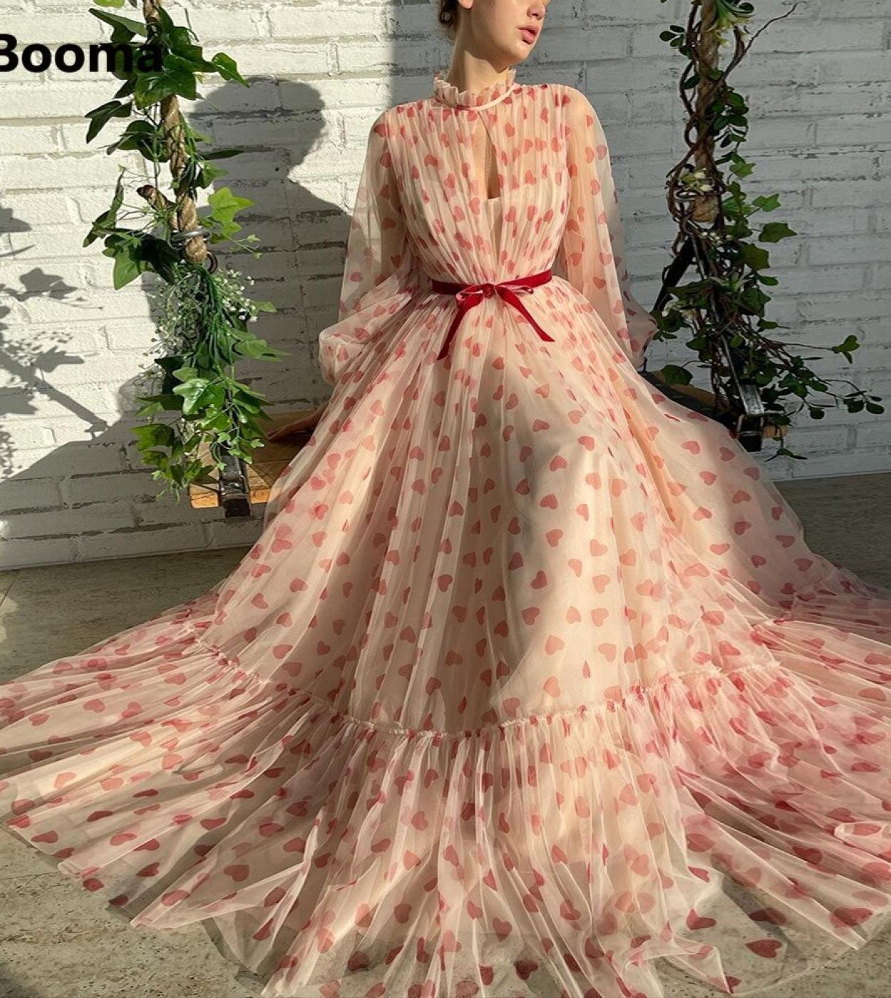 Booma 2022 Hearts Tulle Aline Prom Dresses Long Sleeves Sheer Neckline Keyhole Bow Belt Maxi Prom Gowns Formal Party Gow