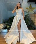 Booma  Ivory Satin A Line Prom Dresses Strapless Ruched High Slit Long Evening Dresses With Pockets 2023 Formal Party Go