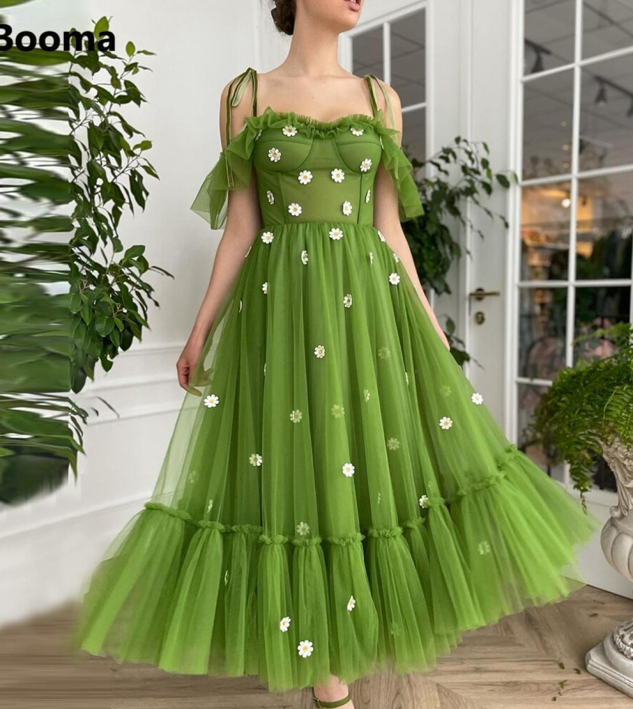 Booma Green Off The Shoulder Prom Dresses Spaghetti Straps Ruffles Tealength Prom Gowns Daisy Flowers Wedding Party Dres