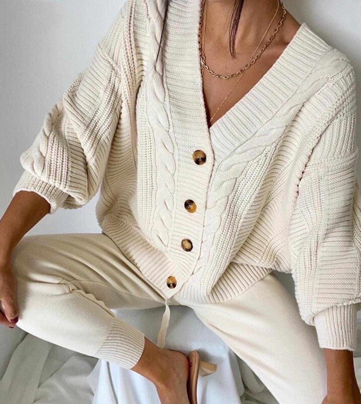 Gacvga Women Knitted Two Pieces Sweater Suit Hemp Flower Single Breasted Cardigan  Pants Winter Lady Sweater Set Street
