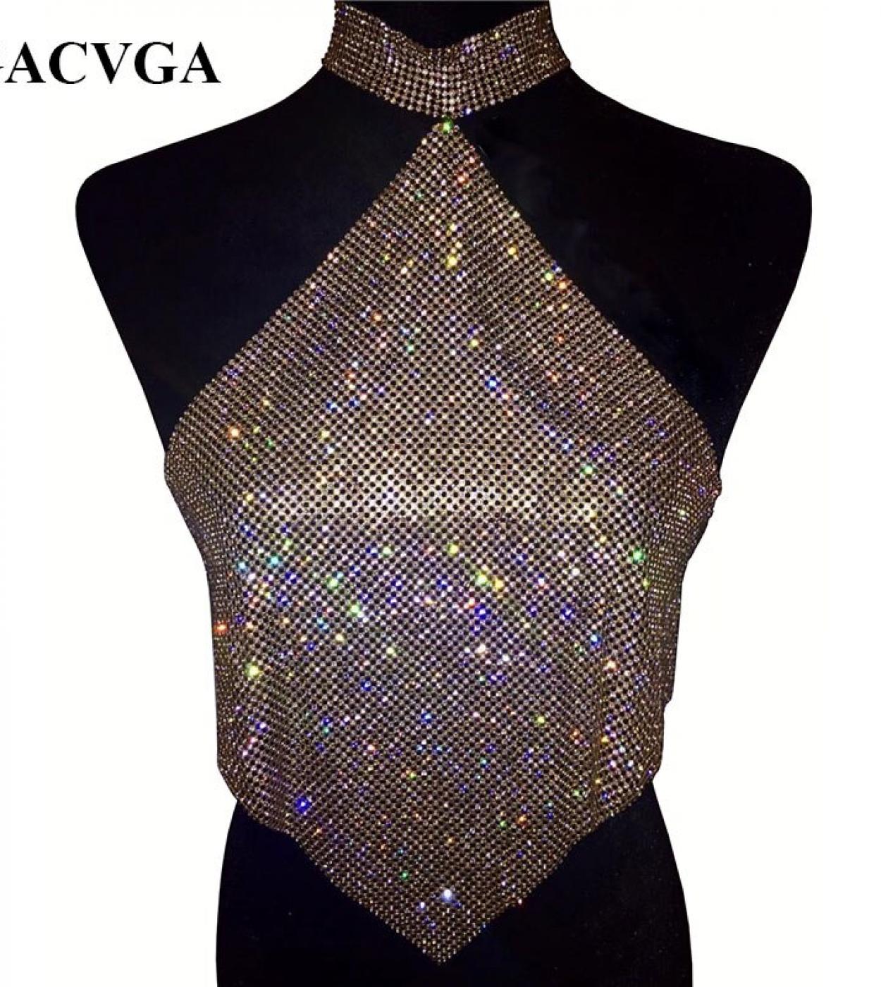Gacvga  Shinning Crystal Diamond Crop Top Summer Beach Backless T Shirt Halter  Tops Party Camis Women Tank Top Blusa  T