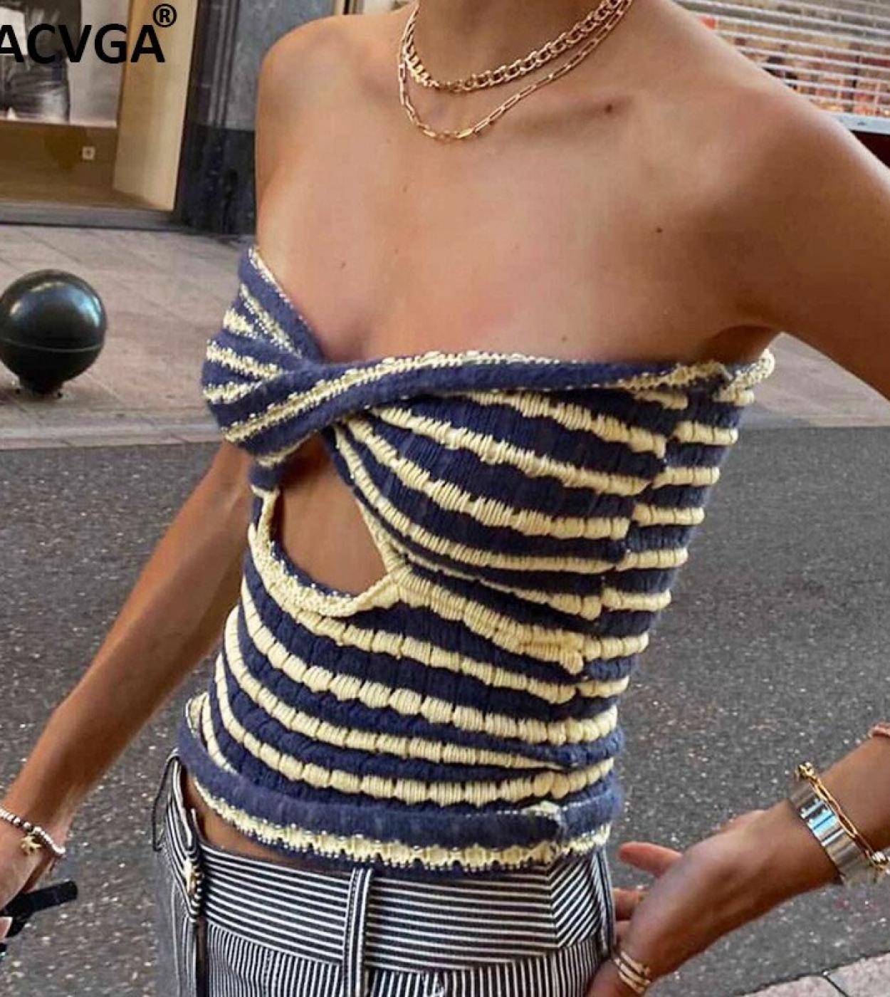 Gacvga Striped Knitted Sweaters Crop Tops For Women Cut Out  Strapless Fashion Backless Cropped Tank Top Holiday Streetw