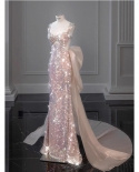 Female New Shining Pink Banquet Performance Fishtail Slim Evening Dress