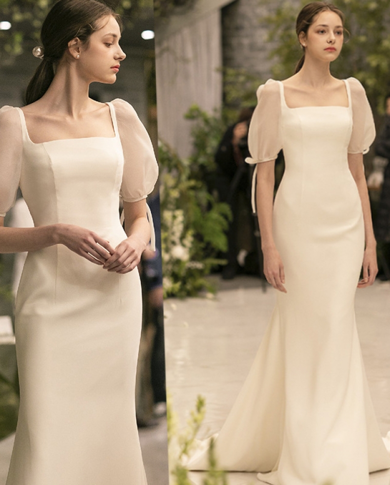 Evening Dress New Elegant Simple Slim Satin Retro Puff Sleeve Dress White
