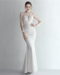 Satin Hot Diamond Lace Handmade Brides Long Section Long-sleeved Thank You Banquet Mermaid Evening Dress