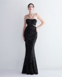 Velvet Bottom Sequins New Suspender Party Sequin Dress Long Banquet Slim Evening Dress
