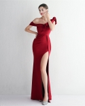 195596-צבע שמלת ערב כתף אחת שמלת ערב מסיבת אופנה ארוכה אלגנטית דקיקה שמלת זנב דג