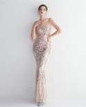 19615 חרוזים מלאכה חרוזים שמלת ערב ארוכה משתה שמלת ערב דקה טמפרמנט אלגנטי בסגנון כתף אחת