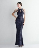 New Sequin Craft Beaded Banquet Evening Dress Temperament Elegant Long Halting Neck Slim Mermaid Dress