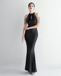 New Sequin Craft Beaded Banquet Evening Dress Temperament Elegant Long Halting Neck Slim Mermaid Dress