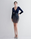 Bead Flannelette Long-sleeved Evening Dress Black Fashion Velvet Slim Fishtail Suit Banquet Short