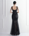 19618beaded Mesh Craft Beaded Evening Dress Long Banquet Slim Evening Dress Temperament Elegant Long