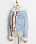 Winter New Single-breasted Button Personality Short Denim Stitching Hooded Lambswool Jacket