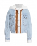 Winter New Single-breasted Button Personality Short Denim Stitching Hooded Lambswool Jacket