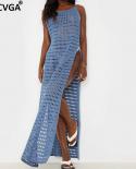 Gacvga Crochet Beach Maxi Dress For Women See Through   Backless Sleeveless High Split Long Dresses Bikini Cover Up Vest