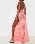 Gacvga Crochet Beach Maxi Dress For Women See Through   Backless Sleeveless High Split Long Dresses Bikini Cover Up Vest