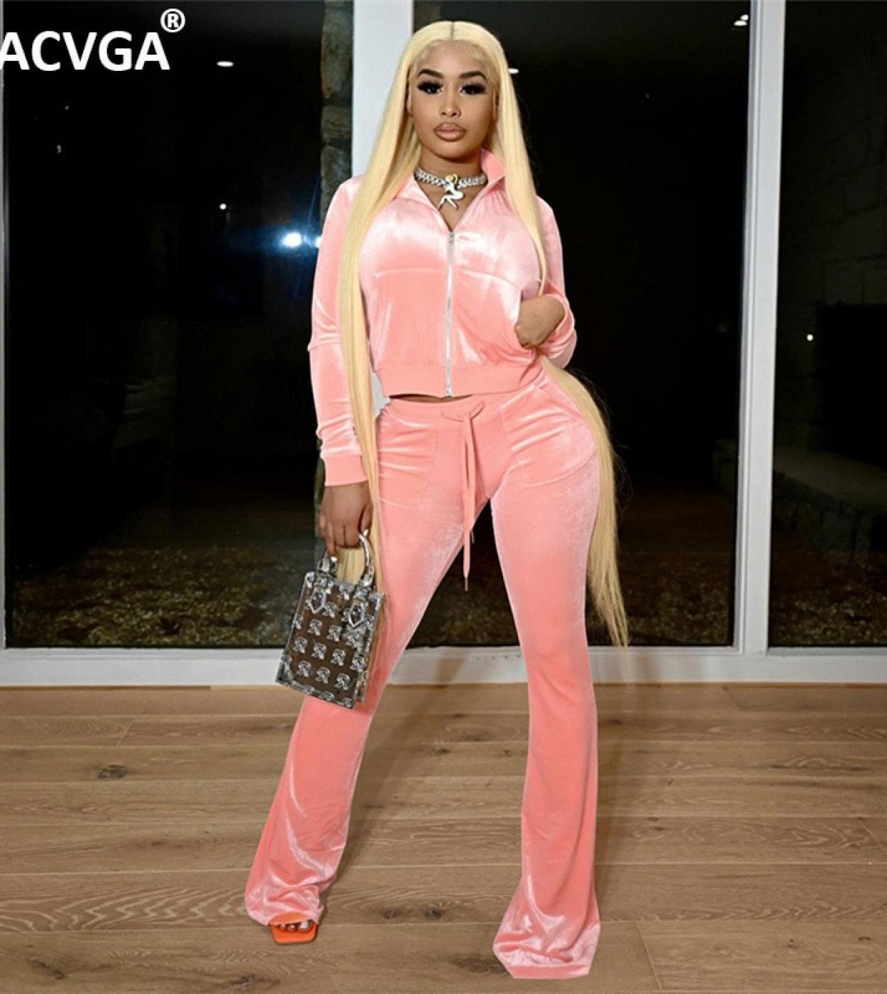 Gacvga Streetwear Velour Pant Suits Two Piece Set Women Casual Zipper Long Sleeve Turtleneck Topbandage Slim Wide Leg P