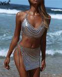 Gacvga  Metal Beach Crop Top And Skirt Set Vacation Fitness T Shirt Women Summer Tops Sequined Dress Suits Cropped Femin