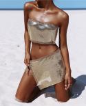 Gacvga  Metal Beach Crop Top And Skirt Set Vacation Fitness T Shirt Women Summer Tops Sequined Dress Suits Cropped Femin