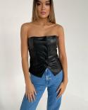 Gacvga Strapless Pu Leather Buttons Crop Tops For Women Backless Black Skinny Corset Top  Female Club Cropped Tube Topst
