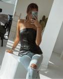 Gacvga Strapless Pu Leather Buttons Crop Tops For Women Backless Black Skinny Corset Top  Female Club Cropped Tube Topst