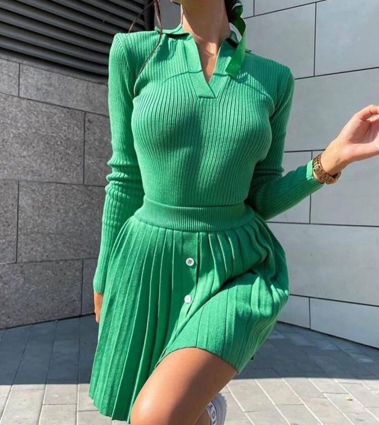 Gacvga Knit Long Sleeve Sweater Dress Sets Women Polo Shirt Top And Skirts Suits 2022 Autumn Winter Two Piece Set Casual