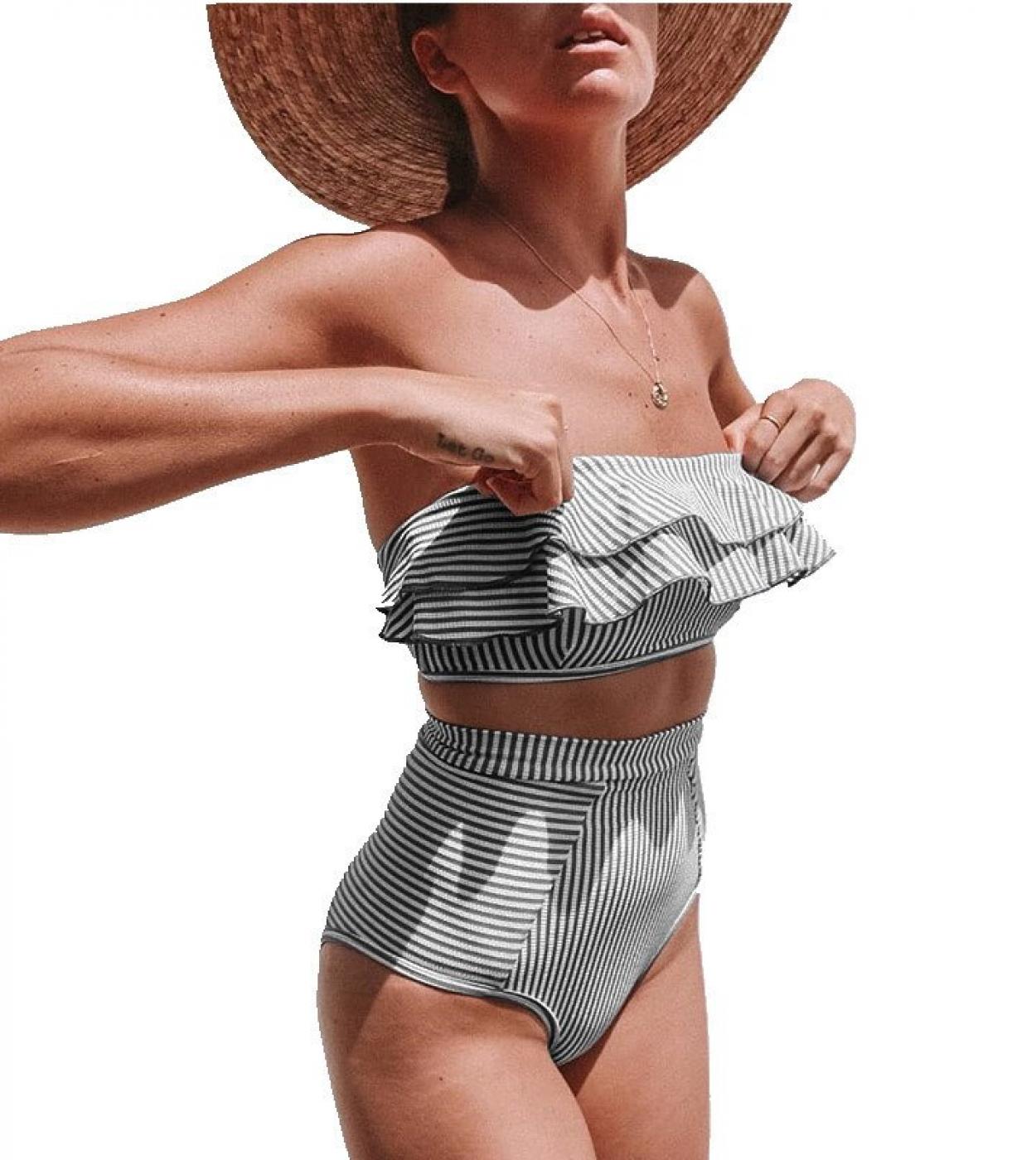 Striped ruffle high waisted bikini set top