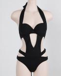   Black Halter Cut Out Bandage Swim Bathing Suitpush Up Brazilian Swimwear Women One Piece Swimsuit Maillot De Bain L3bi