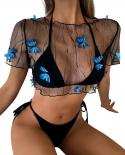 Womens Swimsuit With Cover Ups Beach Swimwear Bikini Set With Butterfly Sheer Mesh Blouse Brazilian Bathing Suit Beachw