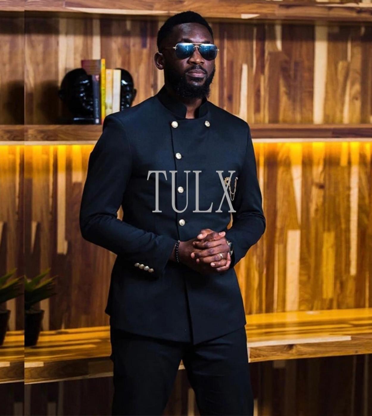 US 94.92 Fashion African Design Black Men Suits Stand Collar Wedding Suit Slim Fit Groom Tuxedos 2 Pieces Blazer Pants Costume Ho Description