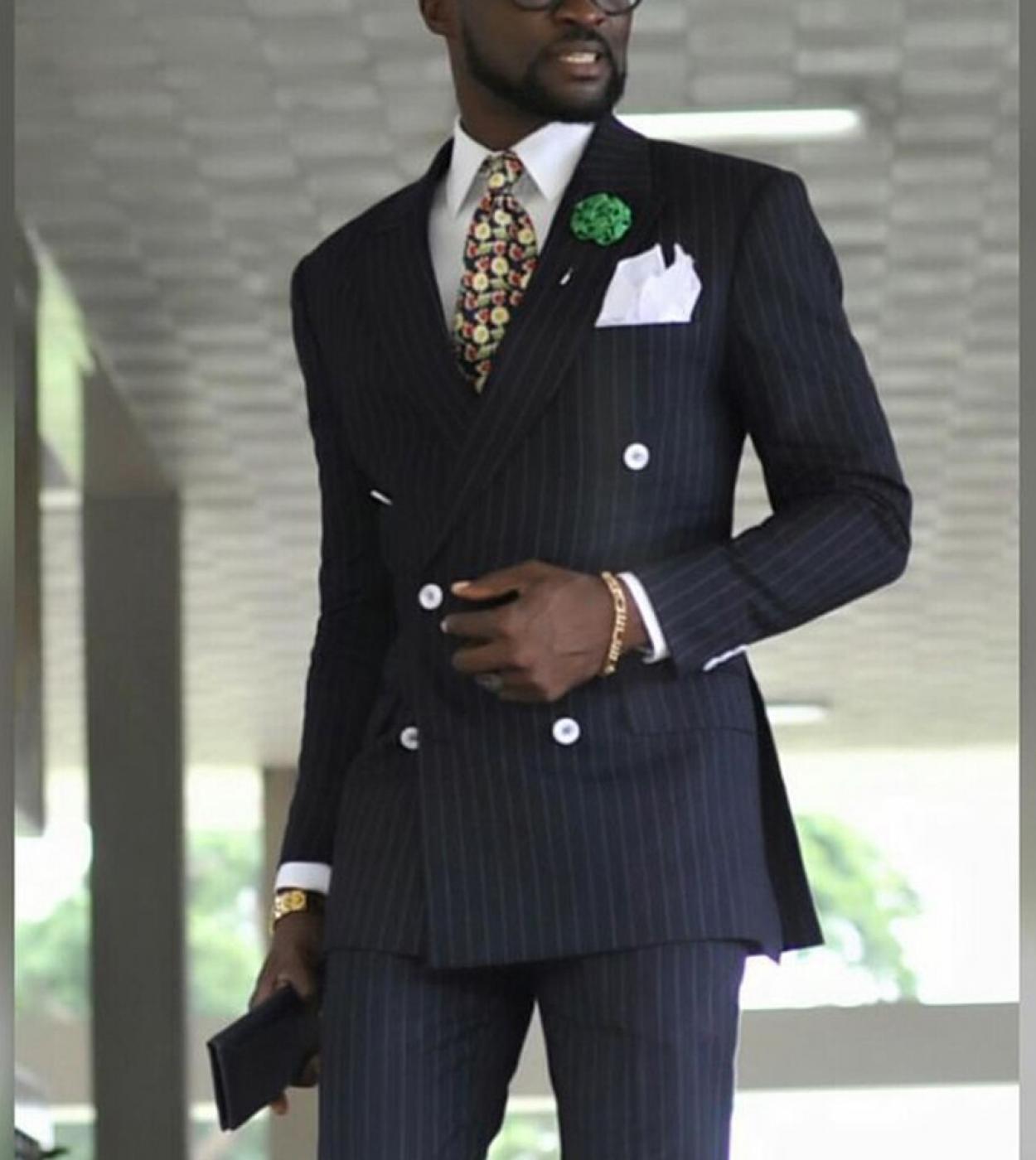 Abito da uomo Gessato Doppiopetto Abiti da lavoro Slim Fit Smoking