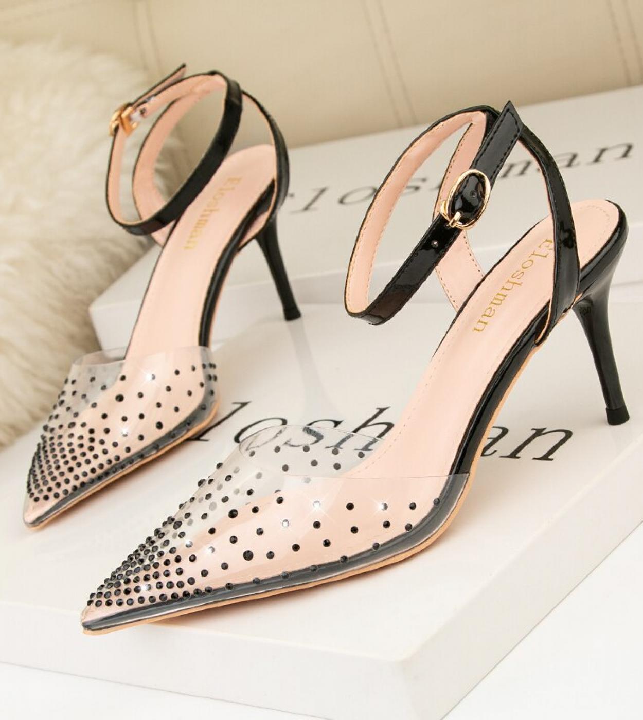 New Style High Heel Pointed Monochrome Belt Buckle Stylish Womens Single Shoes Red Black Apricot Color Size 34 41women