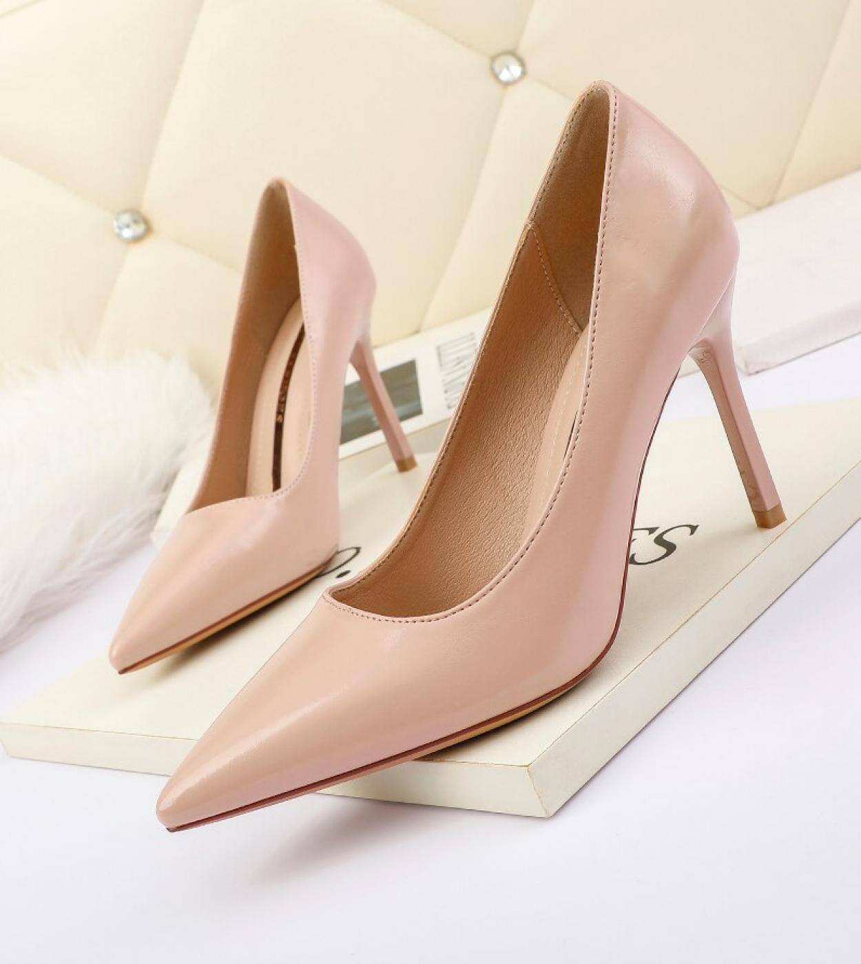 2022 Pointed Toe Women Khaki Pumps 9cm High Heels Concise Ol Office Lady Spring Autumn Soft Leather Party Wedding Female