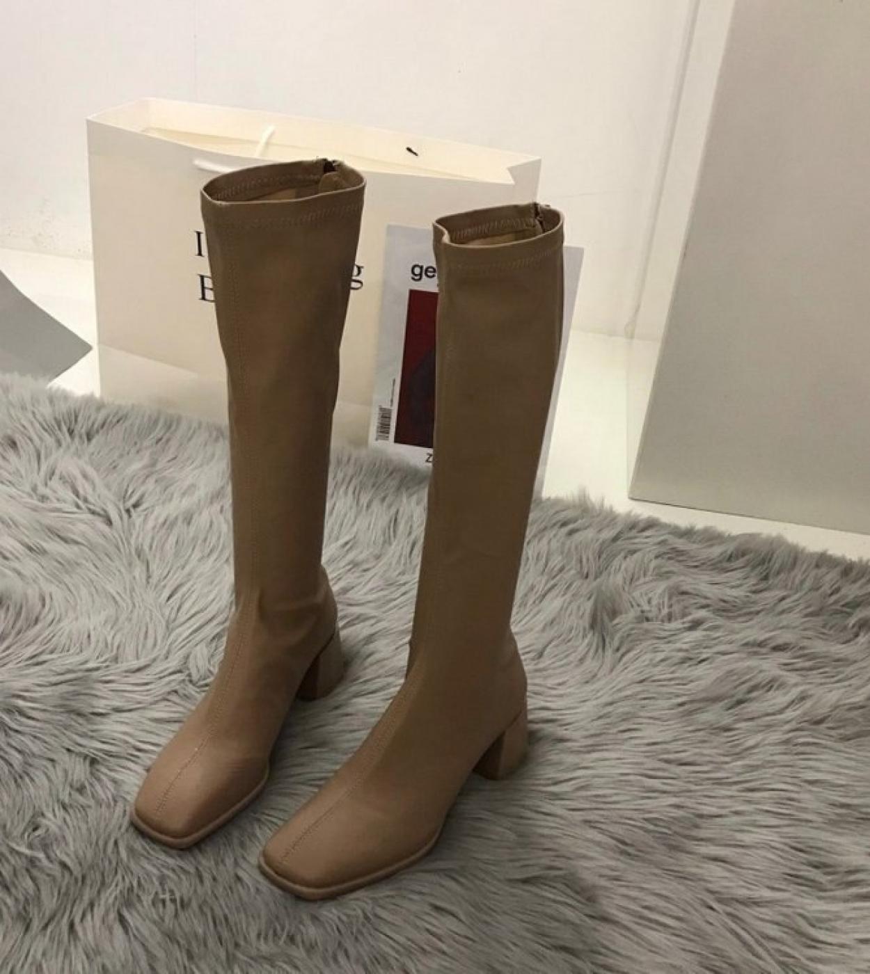 Chelsea Boots Fashion Women Over The Knee Boots Square Toe Thick High Heels Solid Color Boots Beige Brown Black Knight B