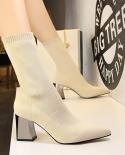 Bigtree Stretch Lycral Square Heel Concise Womens Boots Pointed Toe High Heels 7cm Boots Women Fashion Short Bootsankle