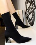 Bigtree Stretch Lycral Square Heel Concise Womens Boots Pointed Toe High Heels 7cm Boots Women Fashion Short Bootsankle